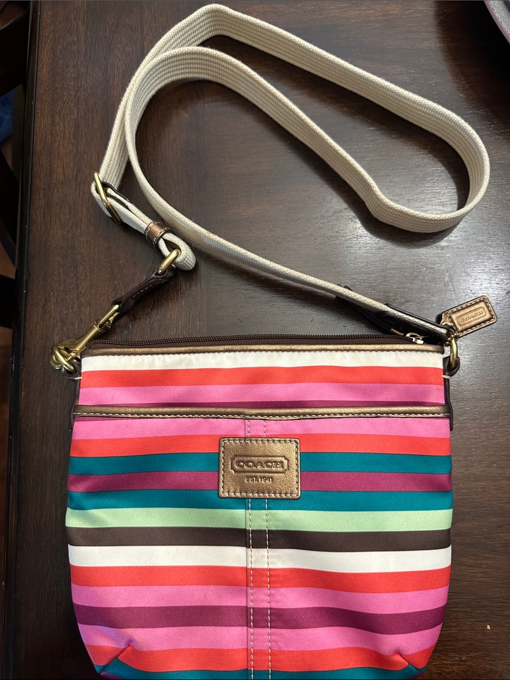 Coach Striped Multicolor Canvas Crossbody with Cream Strap